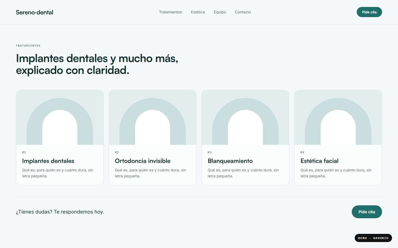 Página de tratamientos de la web de ejemplo de Clínica Sereno, con implantes, ortodoncia invisible, blanqueamiento y estética facial