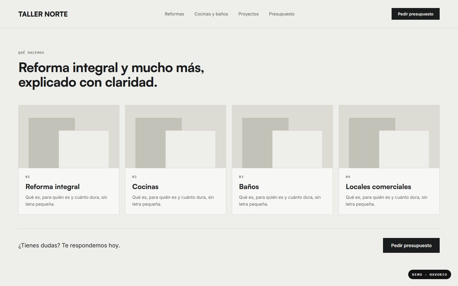 Página de servicios de la web de ejemplo de Taller Norte, con reforma integral, cocinas, baños y locales comerciales